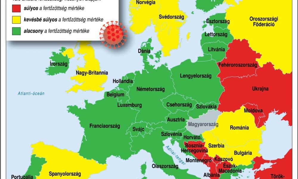 Az európai országok besorolása Magyarországon a koronavírus-járvány súlyossága szempontjából (2020. augusztus 7-től)